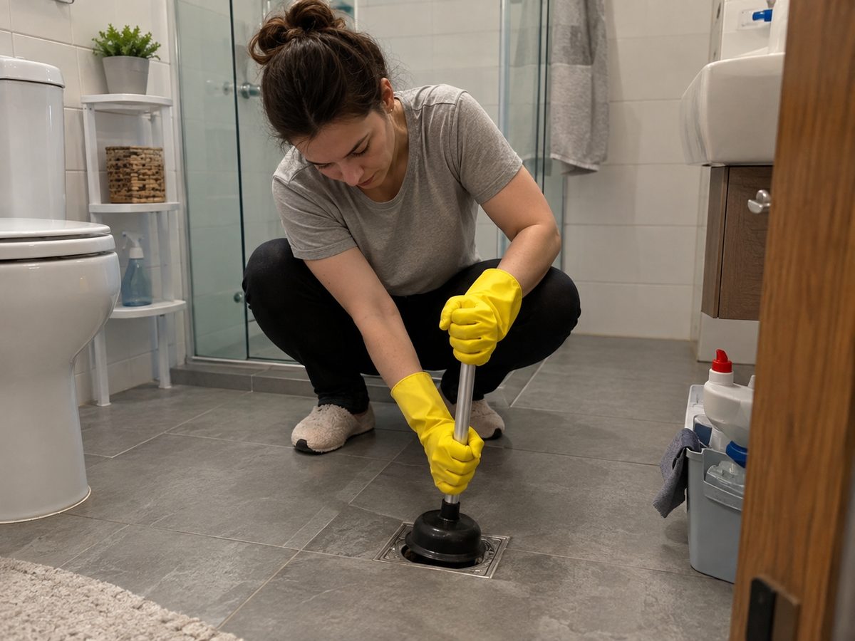 Mulher de luvas amarelas usando desentupidor de borracha sobre o ralo do piso de um banheiro, com produtos de limpeza ao lado